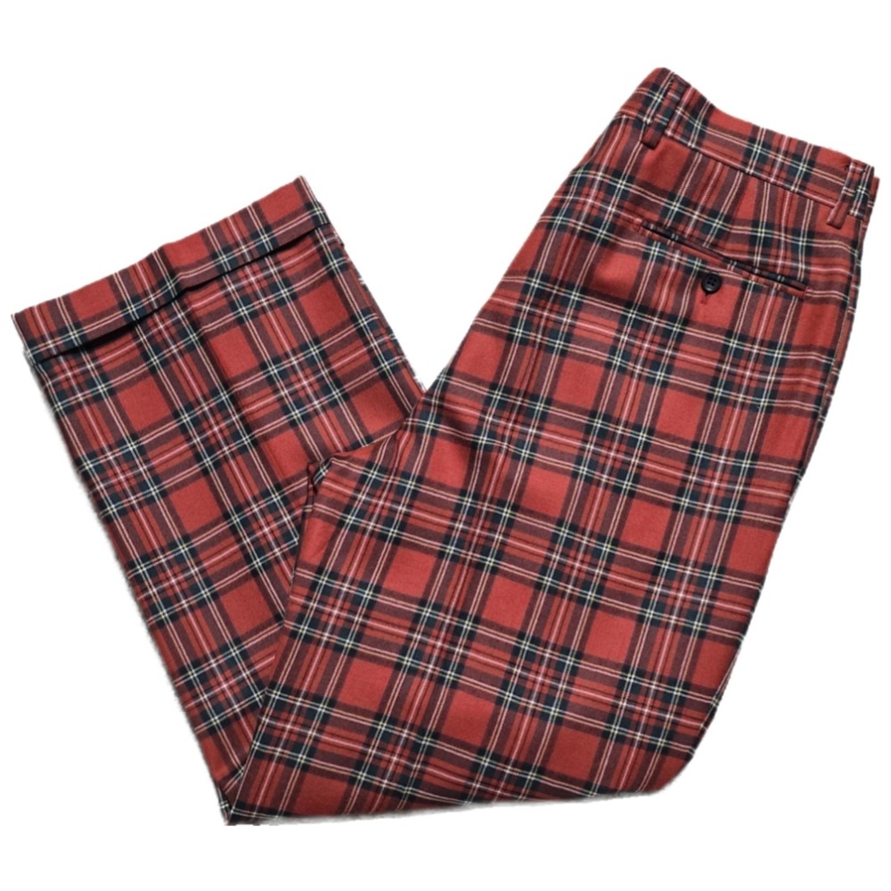 Paul Fredrick Vintage Red Tartan Plaid Wool Pants 35x32 Pleated Cuffed 80s